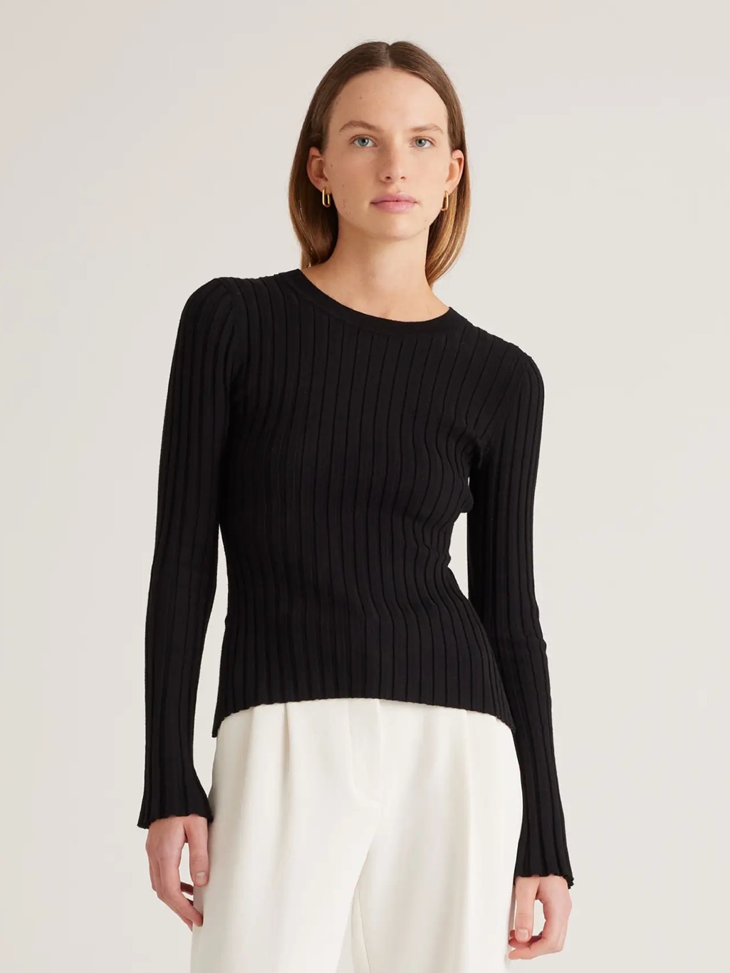 Quince Cotton Cashmere Ribbed Long Sleeve Sweater
